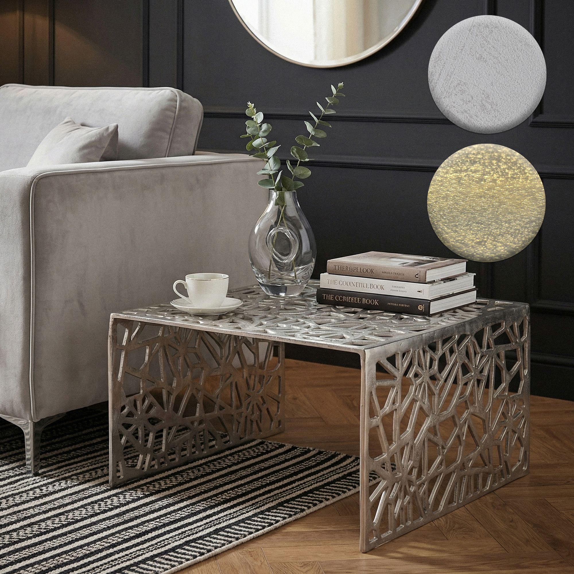 FineBuy Couchtisch Aluminium 60cm Quadratischer Sofatisch Metall - Wohnzimmertisch Alu modern mit Muster - Design Tisch niedrig - Loungetisch Beistelltisch Handmade | Farbe: Gold