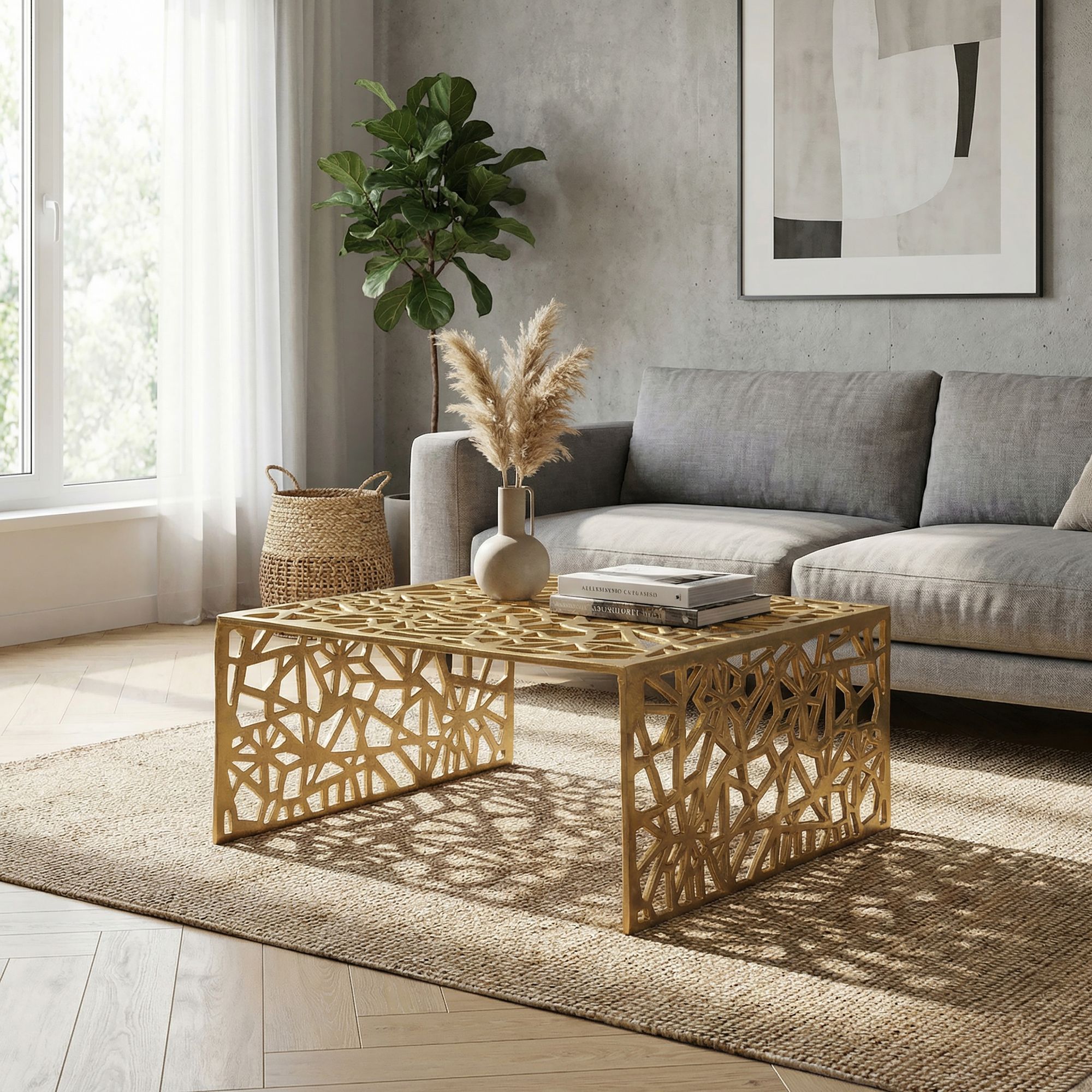 FineBuy Couchtisch Aluminium 60cm Quadratischer Sofatisch Metall - Wohnzimmertisch Alu modern mit Muster - Design Tisch niedrig - Loungetisch Beistelltisch Handmade | Farbe: Gold
