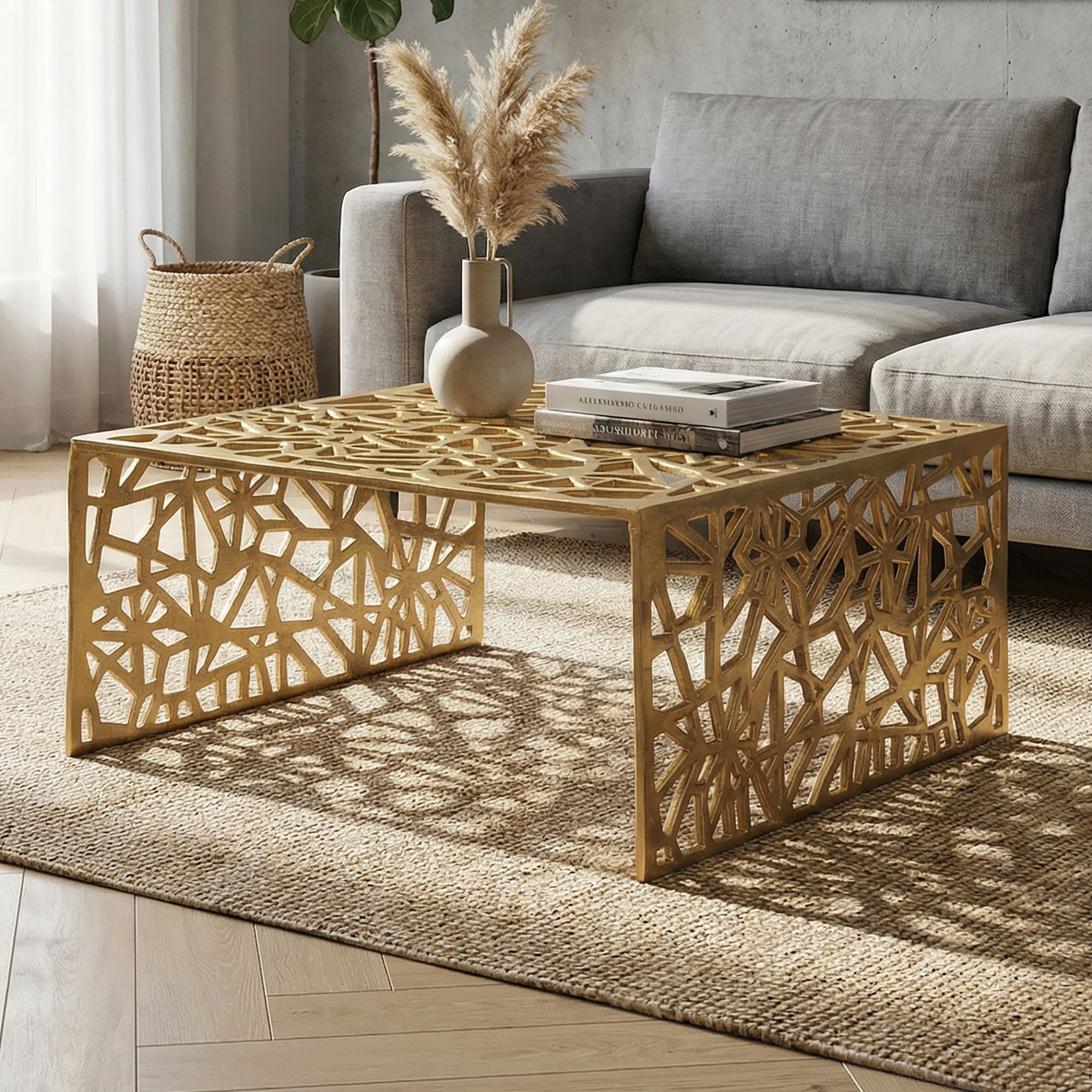FineBuy Couchtisch Aluminium 60cm Quadratischer Sofatisch Metall - Wohnzimmertisch Alu modern mit Muster - Design Tisch niedrig - Loungetisch Beistelltisch Handmade | Farbe: Gold