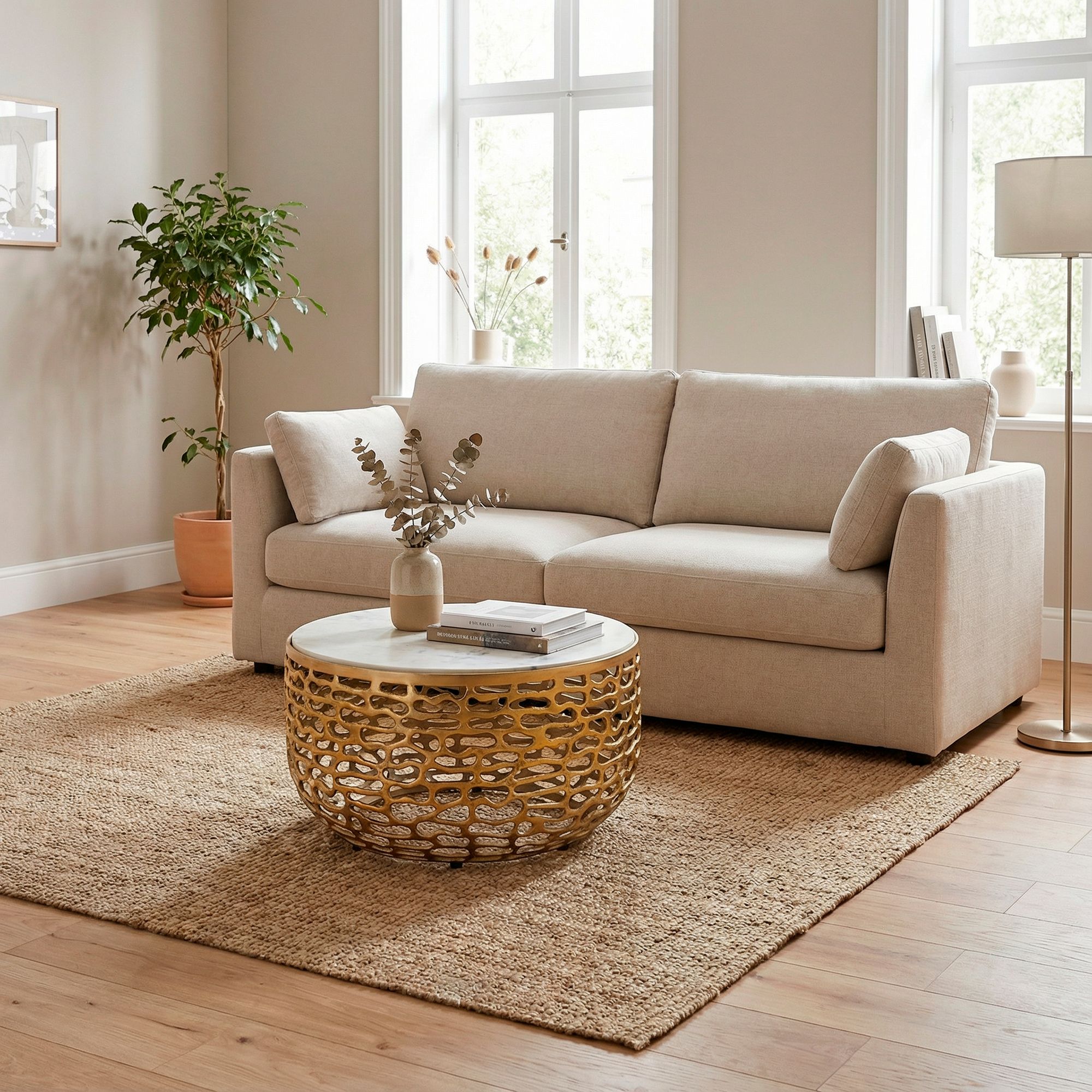 Design Metall Couchtisch Marmor Platte weiß Wohnzimmertisch Sofatisch rund 60cm – Ansicht 2
