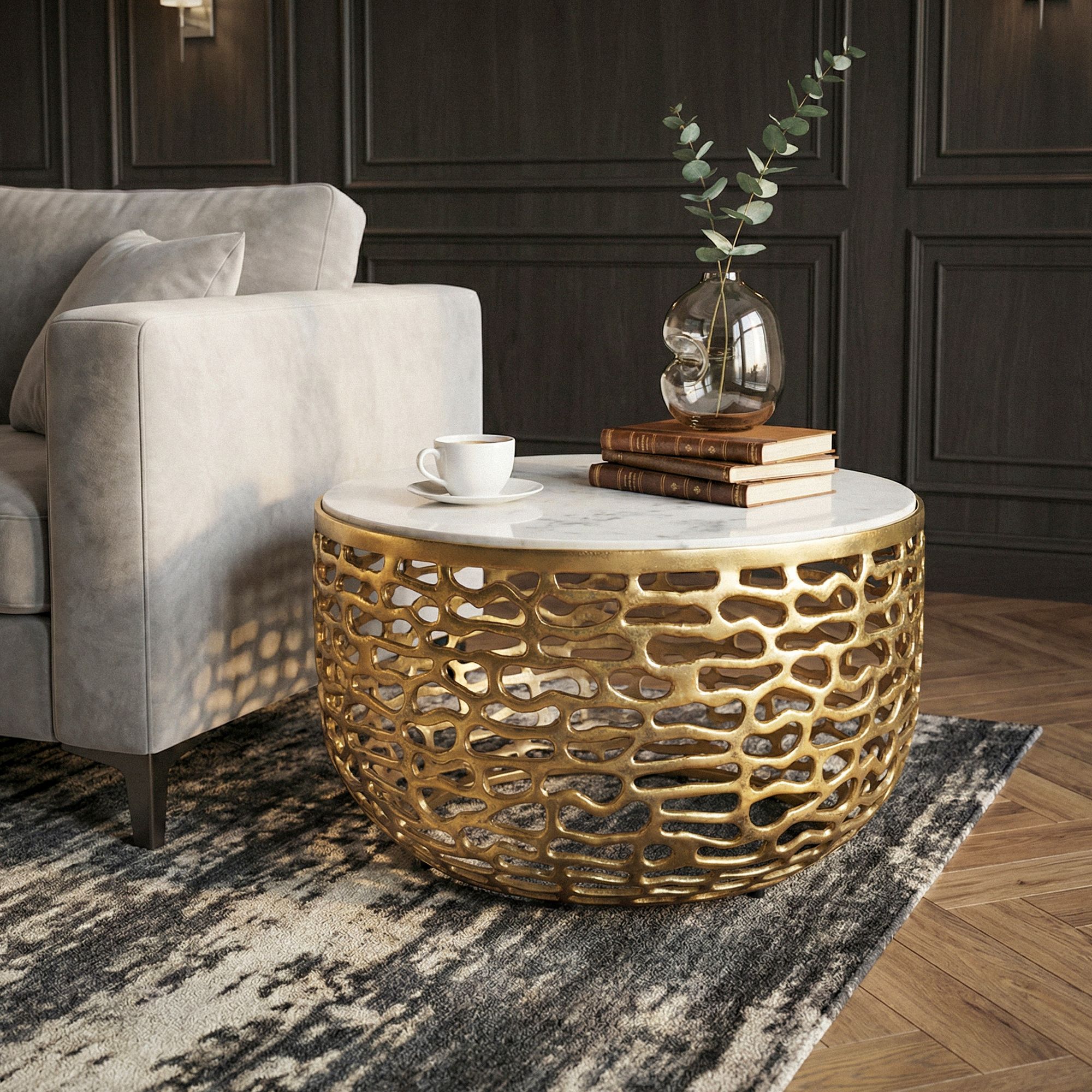 Design Metall Couchtisch Marmor Platte weiß Wohnzimmertisch Sofatisch rund 60cm – Ansicht 4