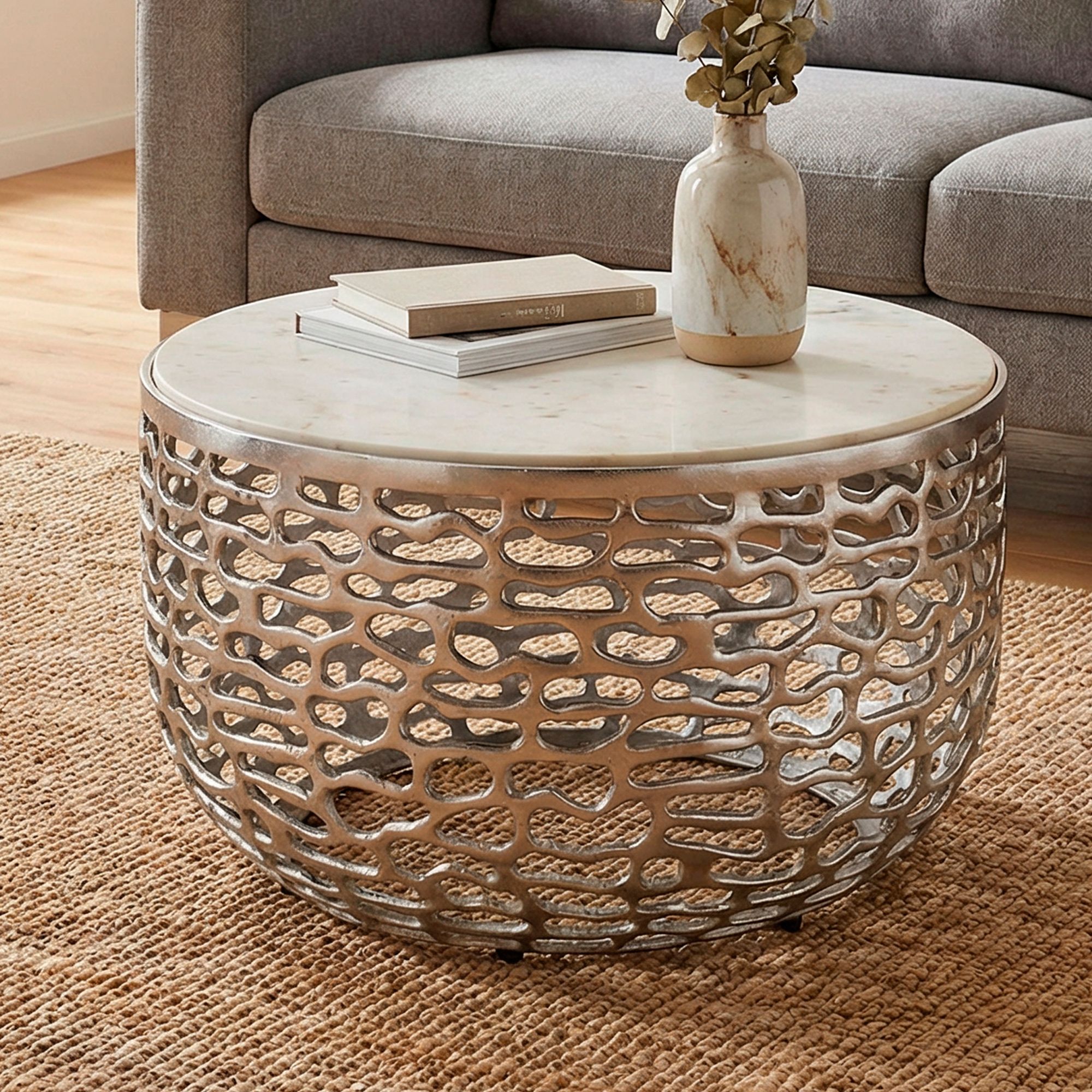 Design Metall Couchtisch Marmor Platte weiß Wohnzimmertisch Sofatisch rund 60cm – Ansicht 1