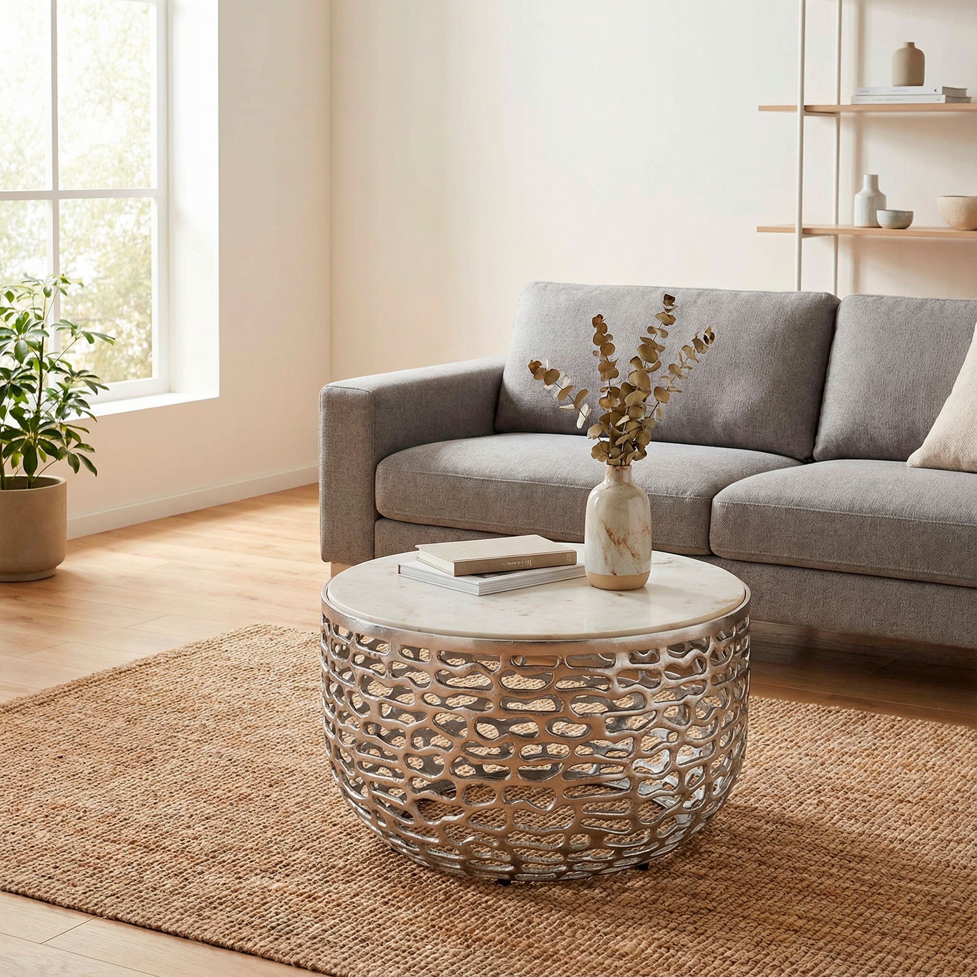 Design Metall Couchtisch Marmor Platte weiß Wohnzimmertisch Sofatisch rund 60cm – Ansicht 2