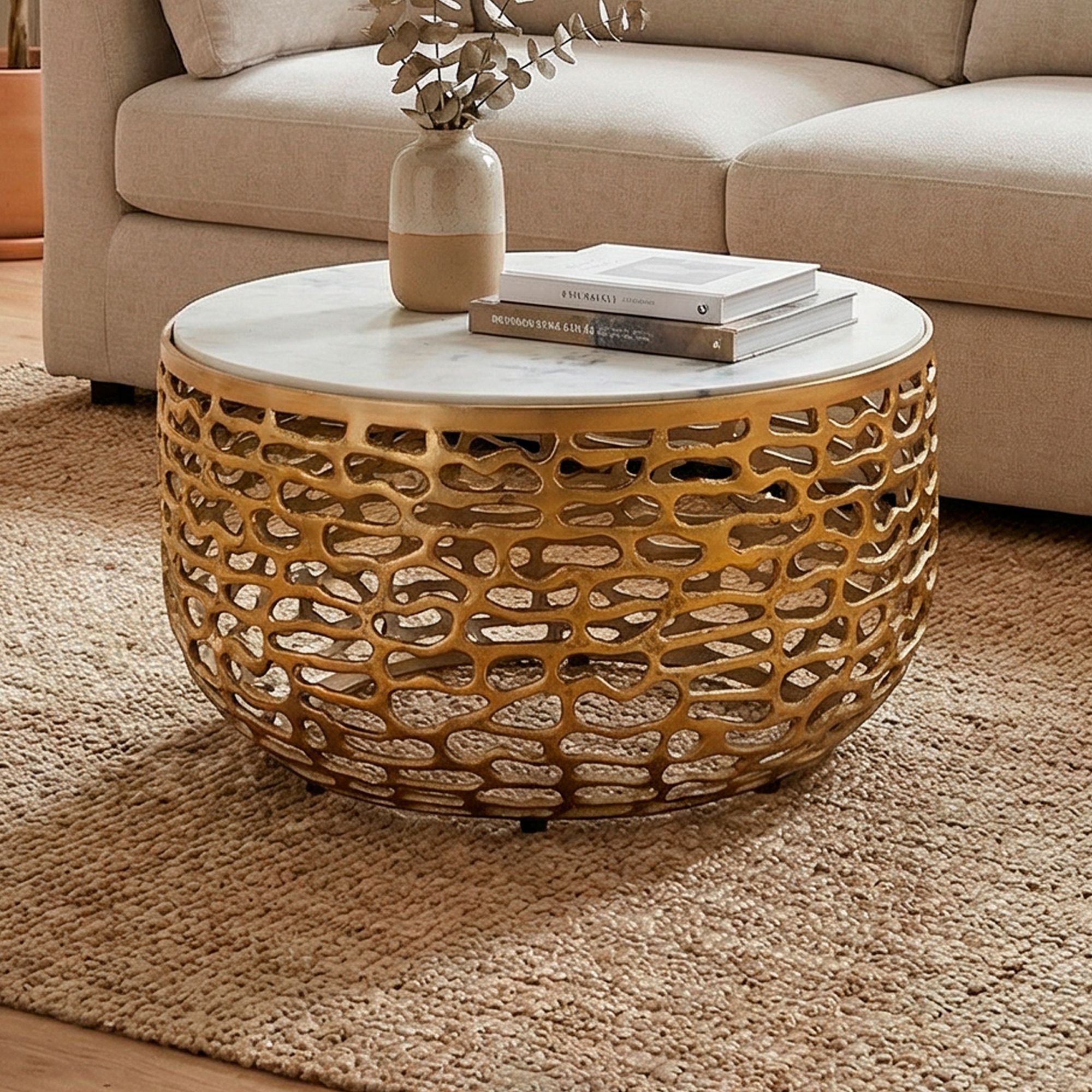 Design Metall Couchtisch Marmor Platte weiß Wohnzimmertisch Sofatisch rund 60cm – Ansicht 1