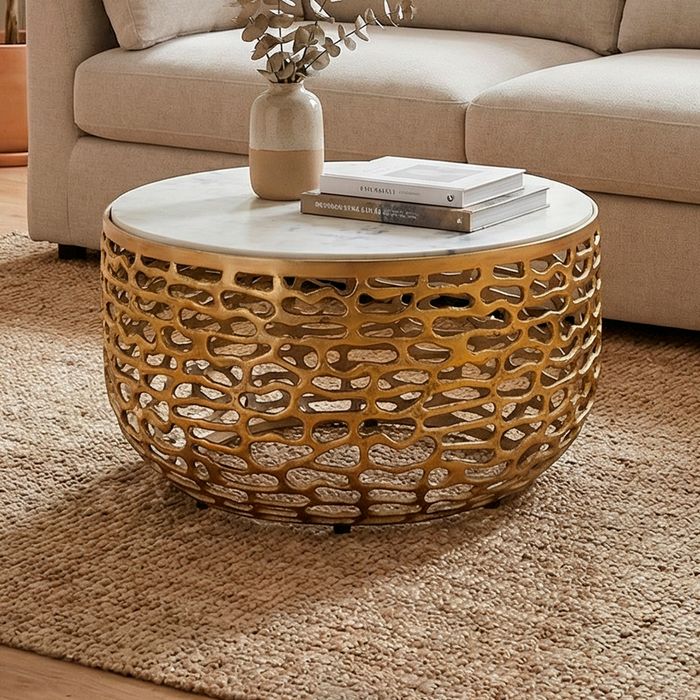 Design Metall Couchtisch Marmor Platte weiß Wohnzimmertisch Sofatisch rund 60cm