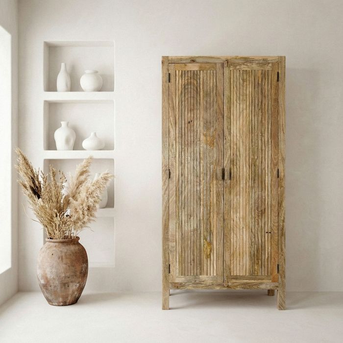 FineBuy Schrank Mango Massivholz Natur 187cm - Wohnzimmerschrank hoch - Mehrzweckschrank Landhaus - Kleiderschrank mit 2 Türen & 3 Einlegeböden  - Design Massivholzschrank Handmade