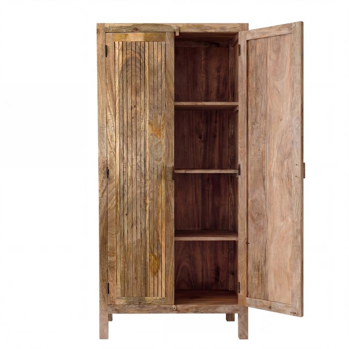 FineBuy Schrank Mango Massivholz Natur 187cm - Wohnzimmerschrank hoch - Mehrzweckschrank Landhaus - Kleiderschrank mit 2 Türen & 3 Einlegeböden  - Design Massivholzschrank Handmade