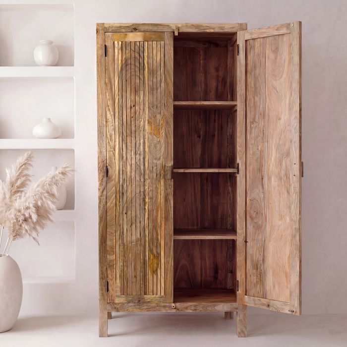 FineBuy Schrank Mango Massivholz Natur 187cm - Wohnzimmerschrank hoch - Mehrzweckschrank Landhaus - Kleiderschrank mit 2 Türen & 3 Einlegeböden  - Design Massivholzschrank Handmade