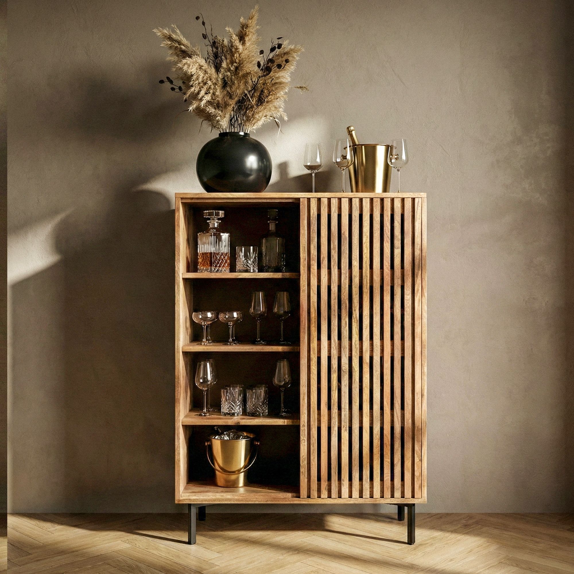 Hausbar Mango Massivholz 123cm Barschrank Spirituosenschrank Weinschrank Weinbar – Ansicht 2