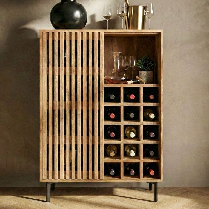 FineBuy Hausbar Mango Massivholz 80x123cm Barschrank mit Schiebetür im Gitter-Design - Bar Schrank Weinaufbewahrung - Spirituosenschrank mit Metallbeine und Weinregal Handmade