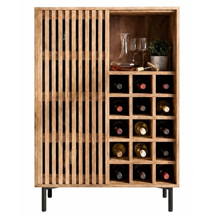 FineBuy Hausbar Mango Massivholz 80x123cm Barschrank mit Schiebetür im Gitter-Design - Bar Schrank Weinaufbewahrung - Spirituosenschrank mit Metallbeine und Weinregal Handmade