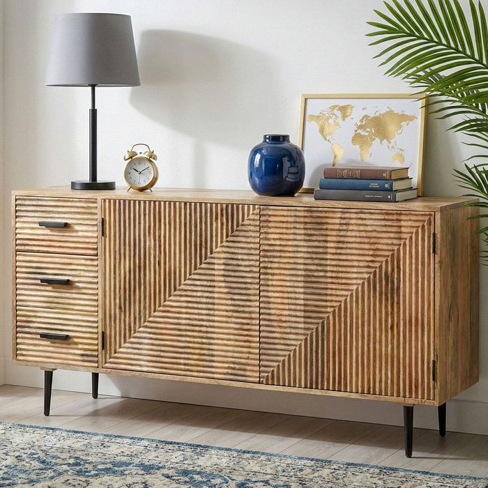 FineBuy Sideboard Mango Massivholz 160cm - Kommode mit 2 Türen und 3 Schubladen - Flurschrank Wohnzimmerschrank mit Metallbeine - Design Anrichte - Standschrank Modern Handmade