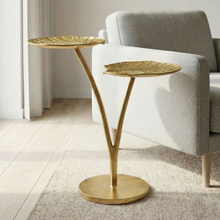 FineBuy Beistelltisch Seerosenblatt Gold 57cm Aluminium Tisch - Design Anstelltisch Alu Modern Rund - Wohnzimmertisch Metall - Metalltisch Dekotisch Couchtisch Handmade