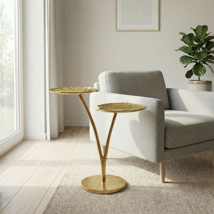 FineBuy Beistelltisch Seerosenblatt Gold 57cm Aluminium Tisch - Design Anstelltisch Alu Modern Rund - Wohnzimmertisch Metall - Metalltisch Dekotisch Couchtisch Handmade