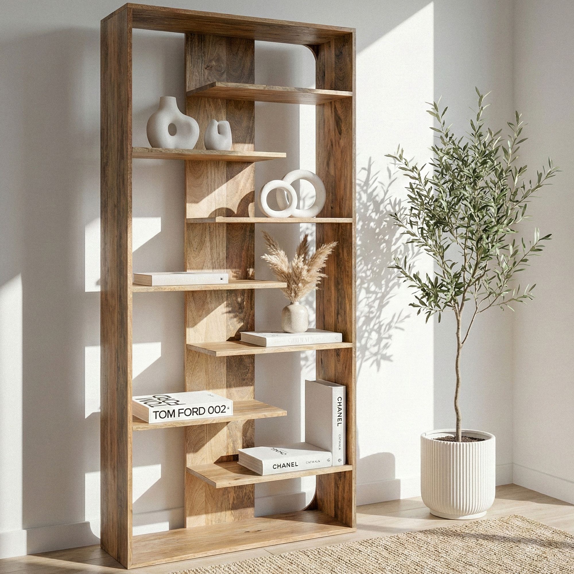Bücherregal Massivholz Stauraumregal 200cm Wohnregal modern hoch Standregal – Ansicht 1