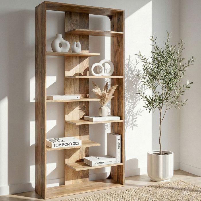FineBuy Bücherregal 200cm Mango Massivholz - Offenes Standregal Groß - Raumteiler Holzregal Modern - Wohnzimmer Regal - Stauraumregal Wohnregal Design - Dekoregal Natur Handmade
