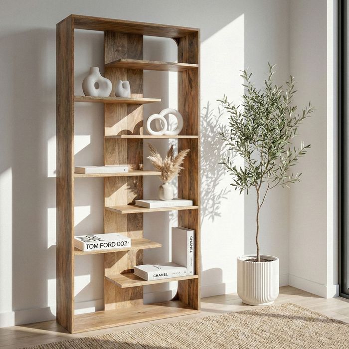 FineBuy Bücherregal 200cm Mango Massivholz - Offenes Standregal Groß - Raumteiler Holzregal Modern - Wohnzimmer Regal - Stauraumregal Wohnregal Design - Dekoregal Natur Handmade