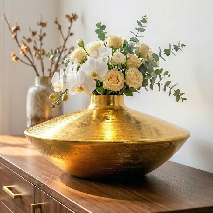 Vase Tischvase 35cm Aluminium Alu Blumenvase Wohndeko Rund Handmade Deko Metall