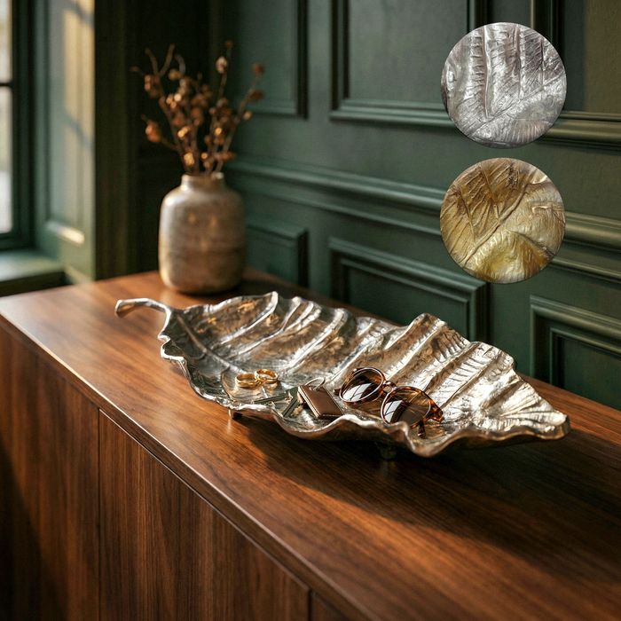 FineBuy Dekoschale Blatt Aluminium Schale 67cm - Design Tischdeko Metall Wohnzimmer - Alu Wohnaccessoire Modern - Metallschale Dekoration - Aluschale lang Handmade