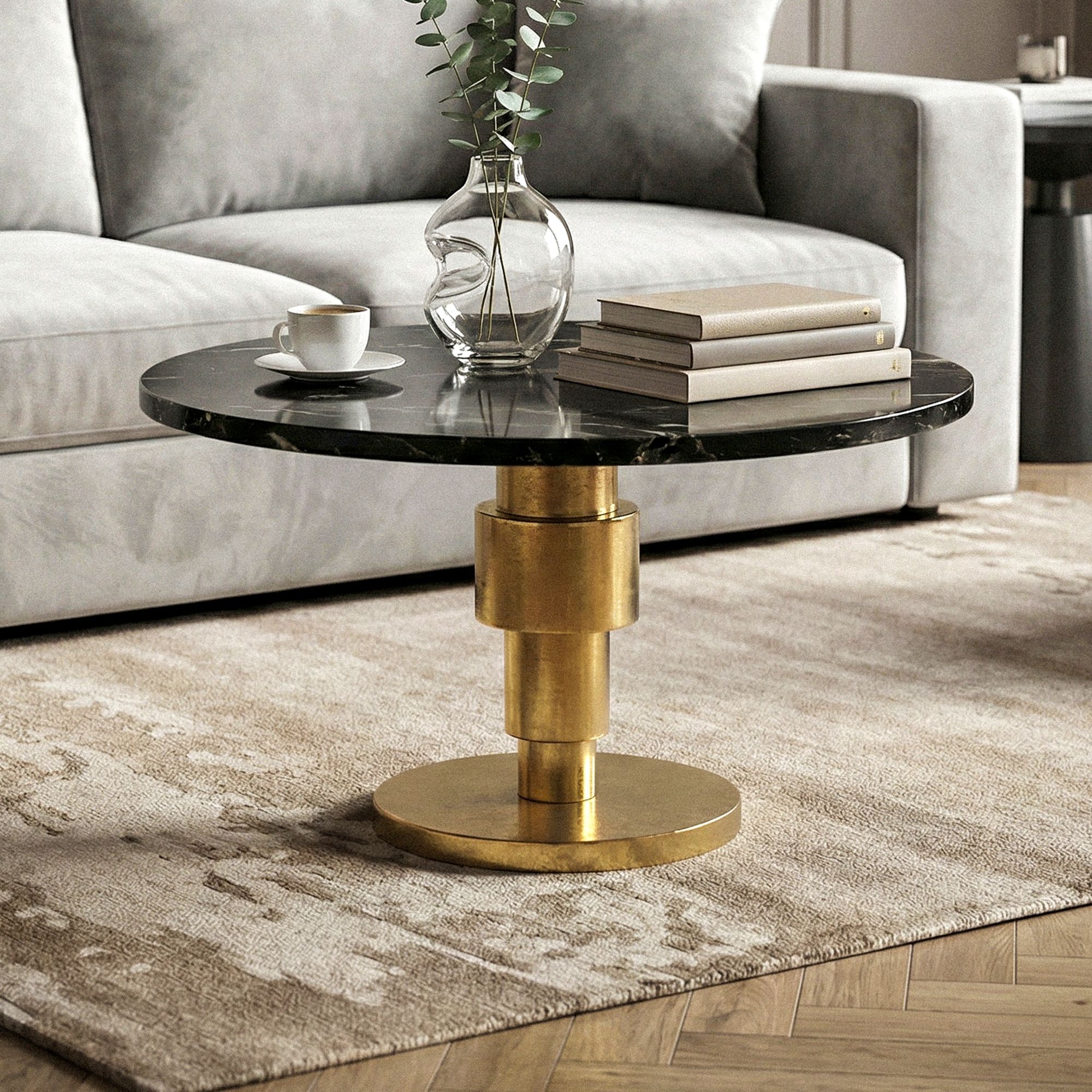 FineBuy Couchtisch Gold 60cm mit Marmor Tischplatte - Wohnzimmertisch rund - Sofatisch Alu modern - Beistelltisch Aluminium - Design Tisch Wohnzimmer Metallgestell Handmade