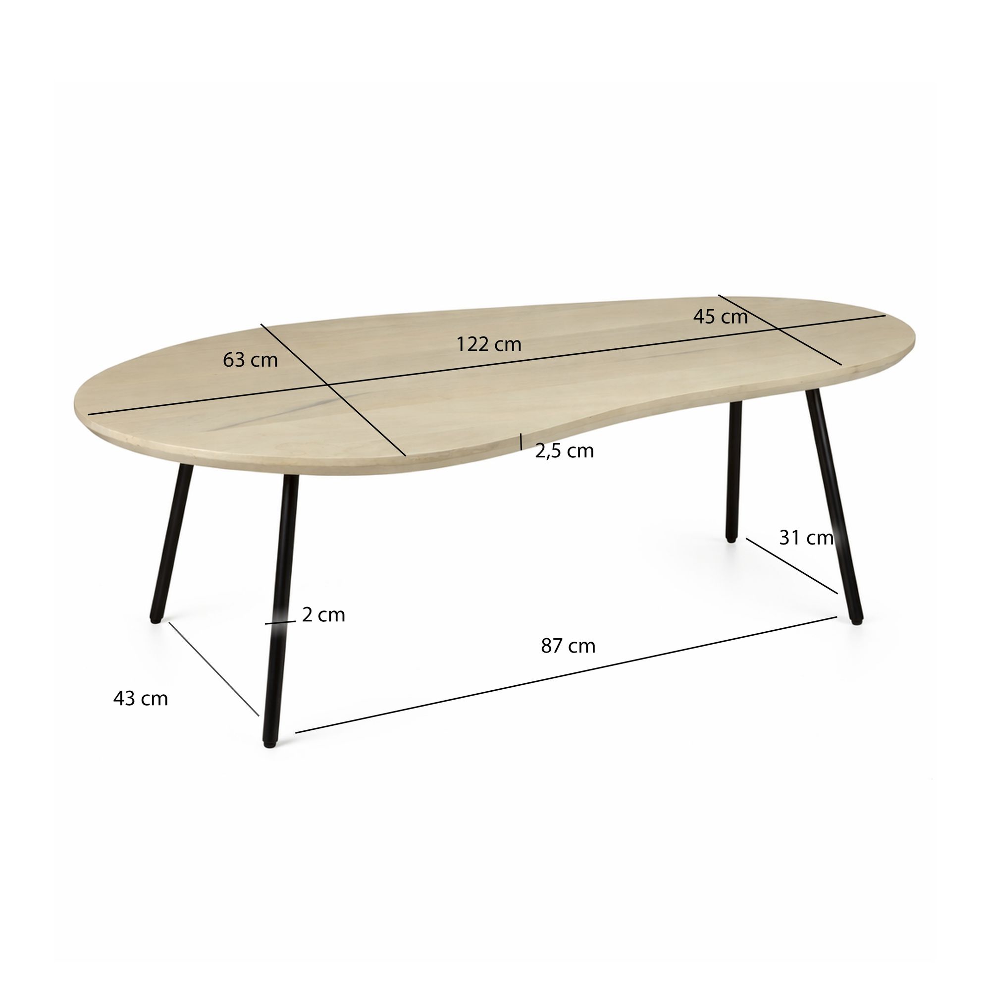 Couchtisch Nierenform 122cm Massivholz white wash Wohnzimmertisch Beistelltisch – Ansicht 3