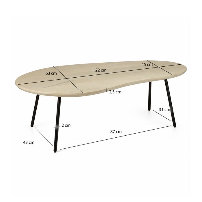 Couchtisch Nierenform 122cm Massivholz white wash Wohnzimmertisch Beistelltisch – Maßzeichnung