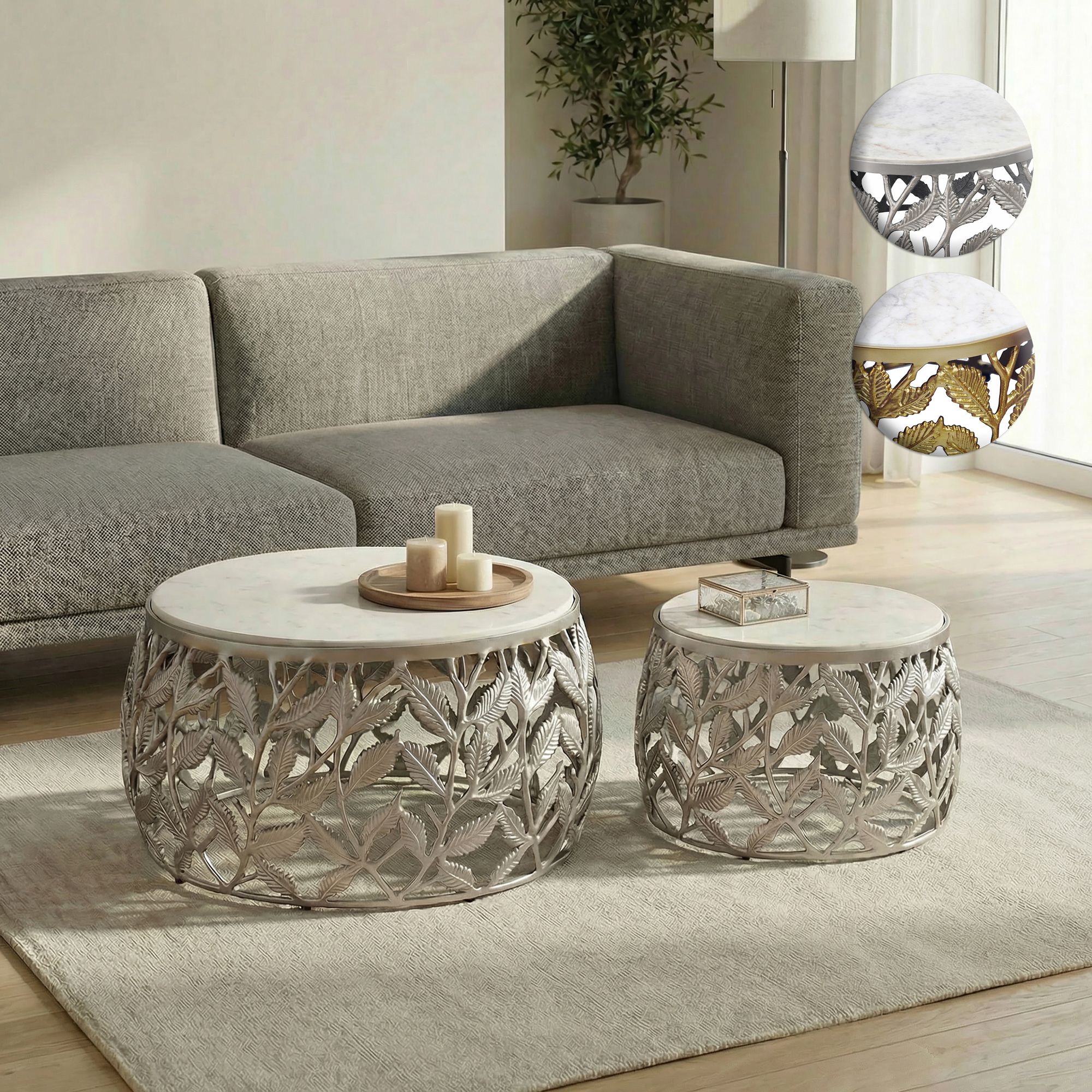 FineBuy 2er Set Couchtisch mit weißer Marmor Tischplatte - Wohnzimmer Tisch Satztisch rund - Beistelltisch Alu modern - Sofatisch Set Aluminium Metallgestell Design Handmade | Farbe: Gold FineBuy 2er Set Couchtisch mit weißer Marmor Tischplatte - Wohnzimmer Tisch Satztisch rund - Beistelltisch Alu modern - Sofatisch Set Aluminium Metallgestell Design Handmade | Farbe: Gold