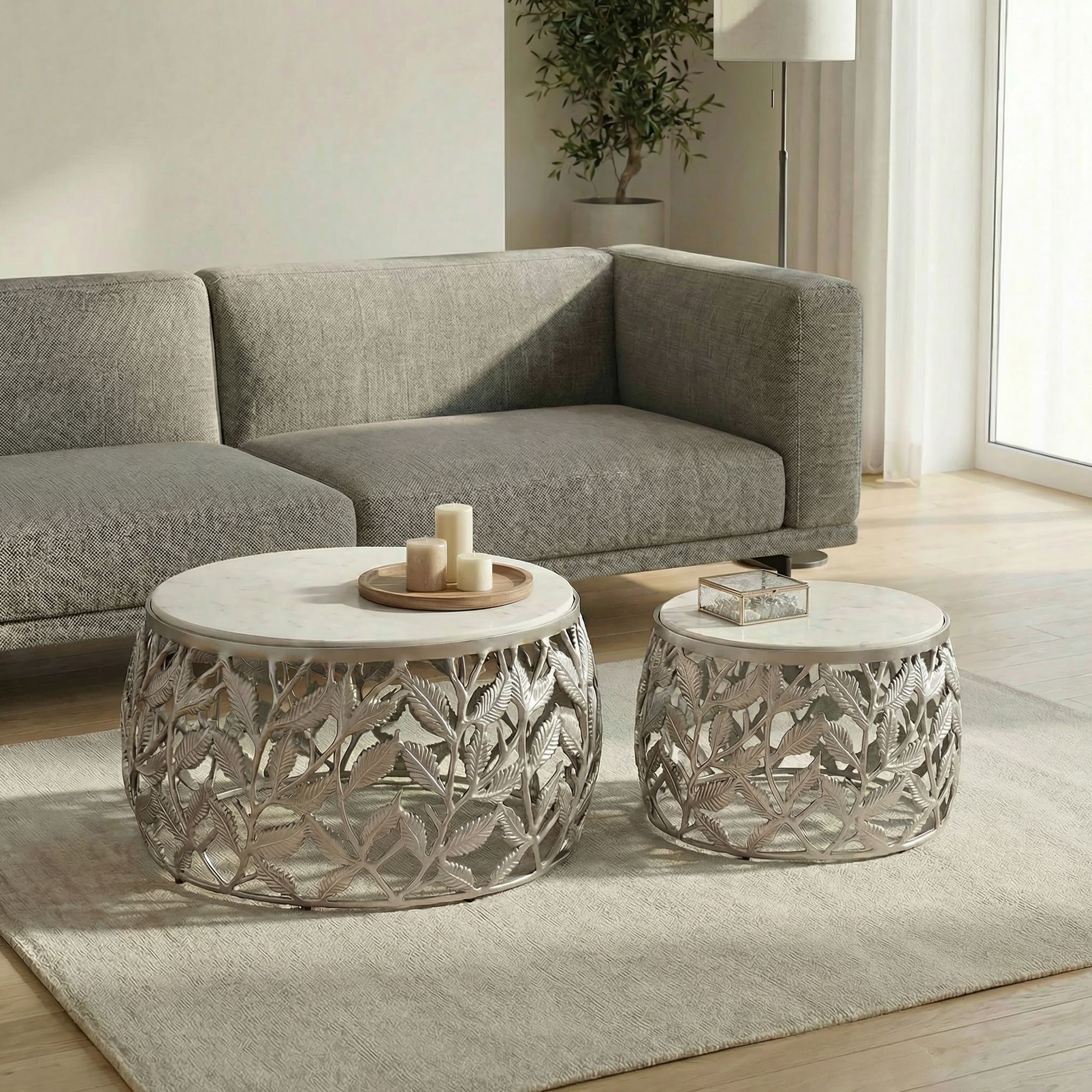 2er Set Couchtisch Marmor Metall rund Wohnzimmertisch Beistelltisch Satztisch – Ansicht 1