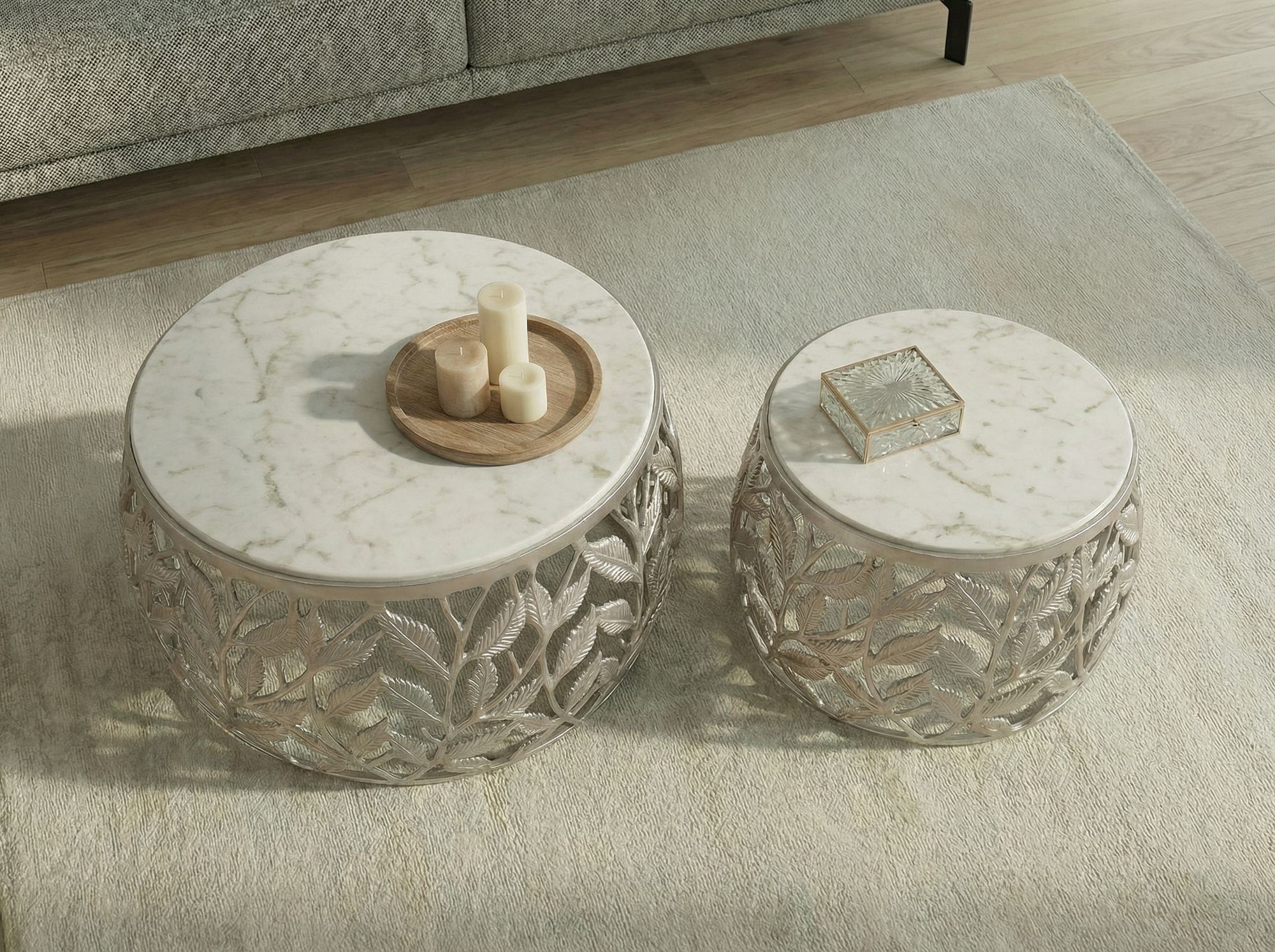 2er Set Couchtisch Marmor Metall rund Wohnzimmertisch Beistelltisch Satztisch – Ansicht 4