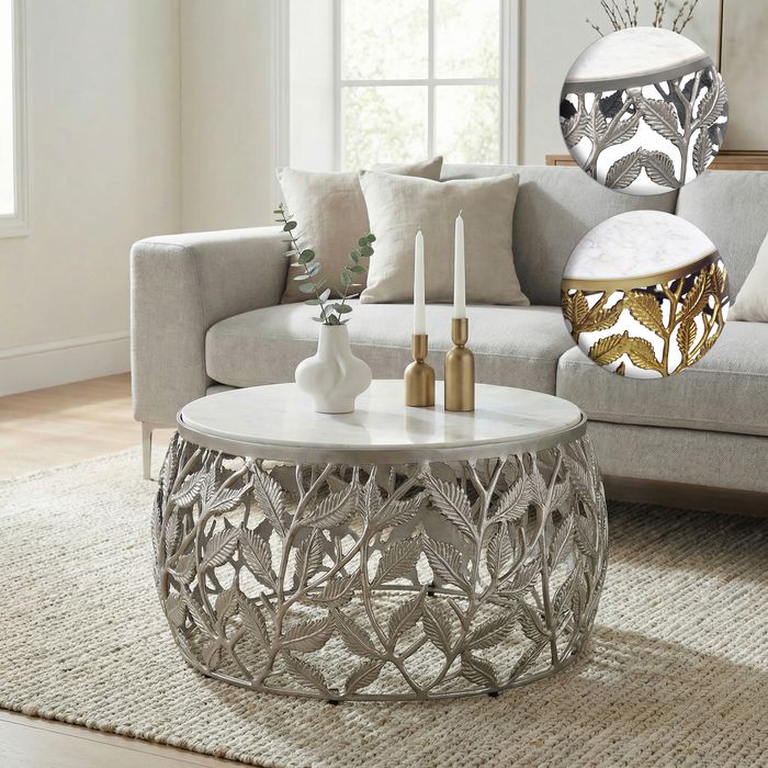 FineBuy Couchtisch 60cm mit weißer Marmor Tischplatte - Wohnzimmertisch rund - Sofatisch modern - Beistelltisch Aluminium - Design Beistelltisch Wohnzimmer Metallgestell Handmade