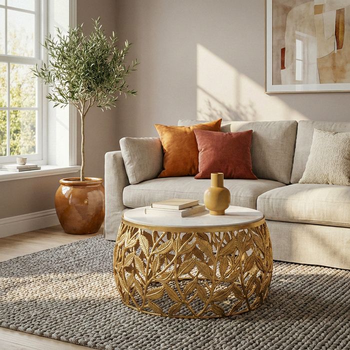 Couchtisch 60cm Marmor Wohnzimmertisch Alu Sofatisch Beistelltisch Rund Modern