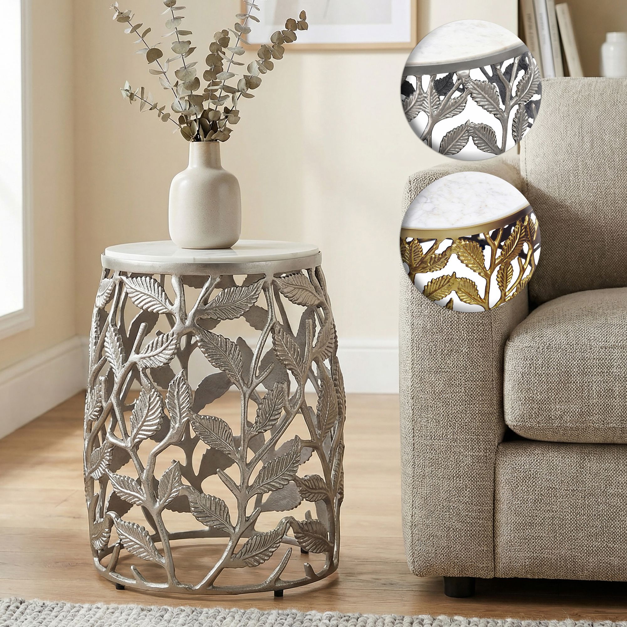 FineBuy Beistelltisch 40cm mit weißer Marmor Tischplatte - Couchtisch klein rund - Sofatisch Alu modern - Wohnzimmertisch Aluminium - Design Tisch Metallgestell Handmade | Farbe: Gold FineBuy Beistelltisch 40cm mit weißer Marmor Tischplatte - Couchtisch klein rund - Sofatisch Alu modern - Wohnzimmertisch Aluminium - Design Tisch Metallgestell Handmade | Farbe: Gold