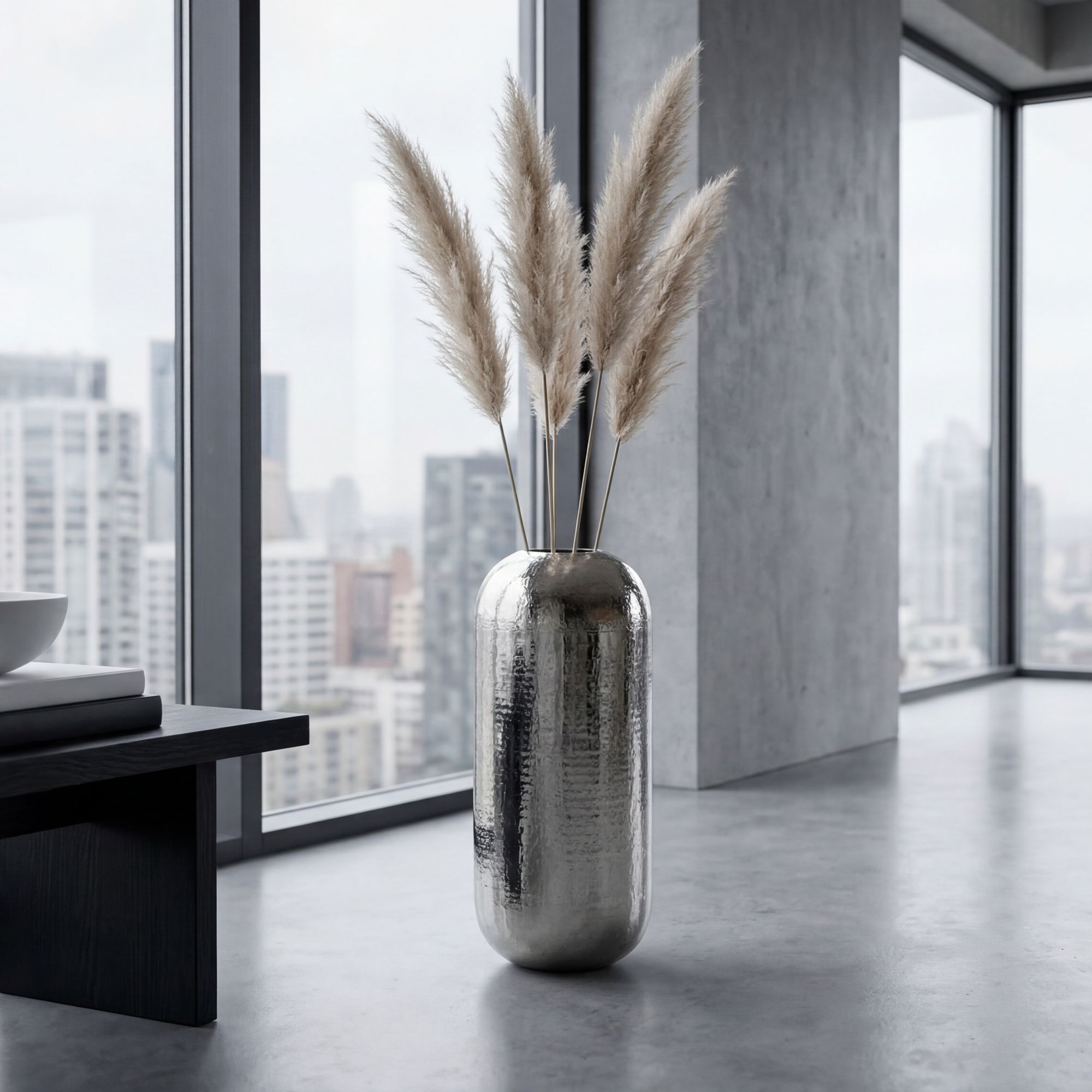 Vase Aluminium Silber Blumenvase Bodenvase Wohndeko Rund Dekovase Metall Deko – Ansicht 1