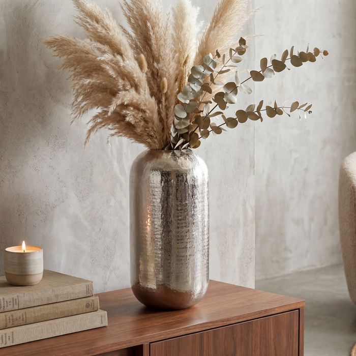 Vase Aluminium Silber Blumenvase Bodenvase Wohndeko Rund Dekovase Metall Deko