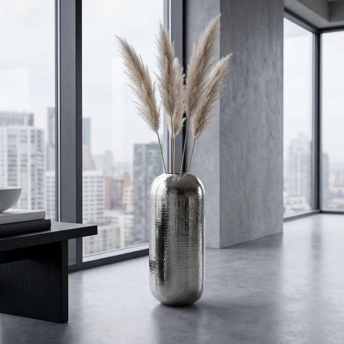 Vase Aluminium Silber Blumenvase Bodenvase Wohndeko Rund Dekovase Metall Deko