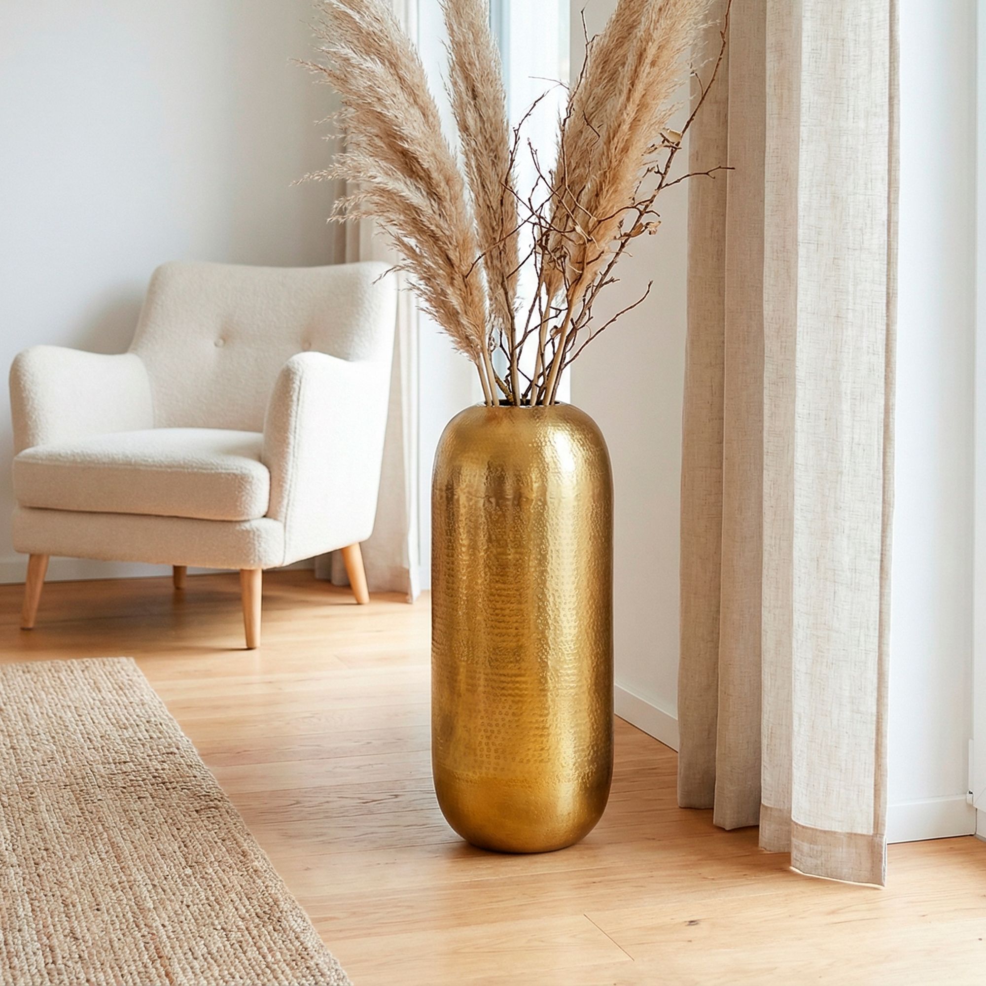 Vase Aluminium Gold Blumenvase Bodenvase Wohndeko Groß Rund Dekovase Metall Deko – Ansicht 1
