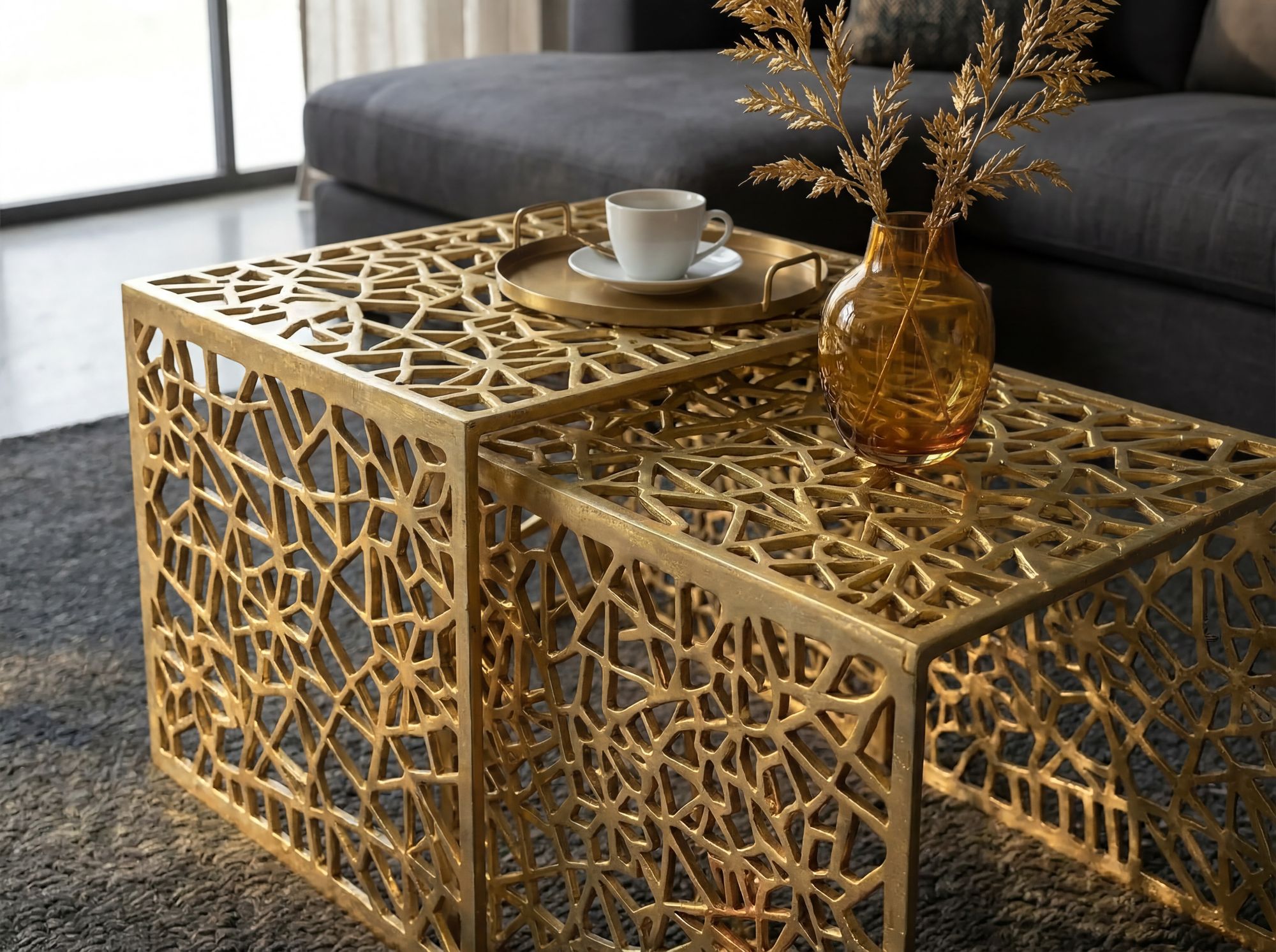 FineBuy 2er Set Couchtisch Aluminium - Design Beistelltisch Set - Metalltisch Wohnzimmertisch modern Alu - Sofatisch rechteckig Metall - Loungetisch Set Satztisch Handmade | Farbe: Gold