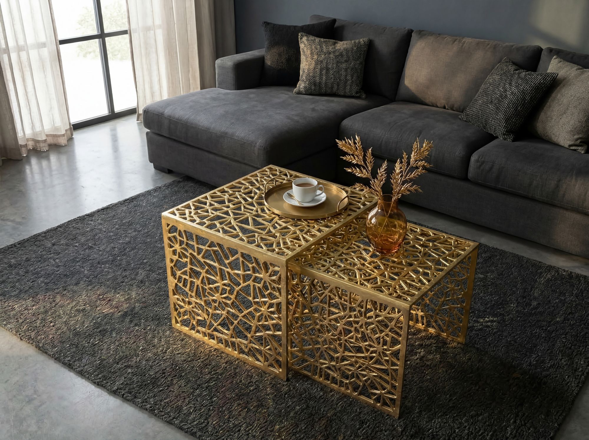 FineBuy 2er Set Couchtisch Aluminium - Design Beistelltisch Set - Metalltisch Wohnzimmertisch modern Alu - Sofatisch rechteckig Metall - Loungetisch Set Satztisch Handmade | Farbe: Gold
