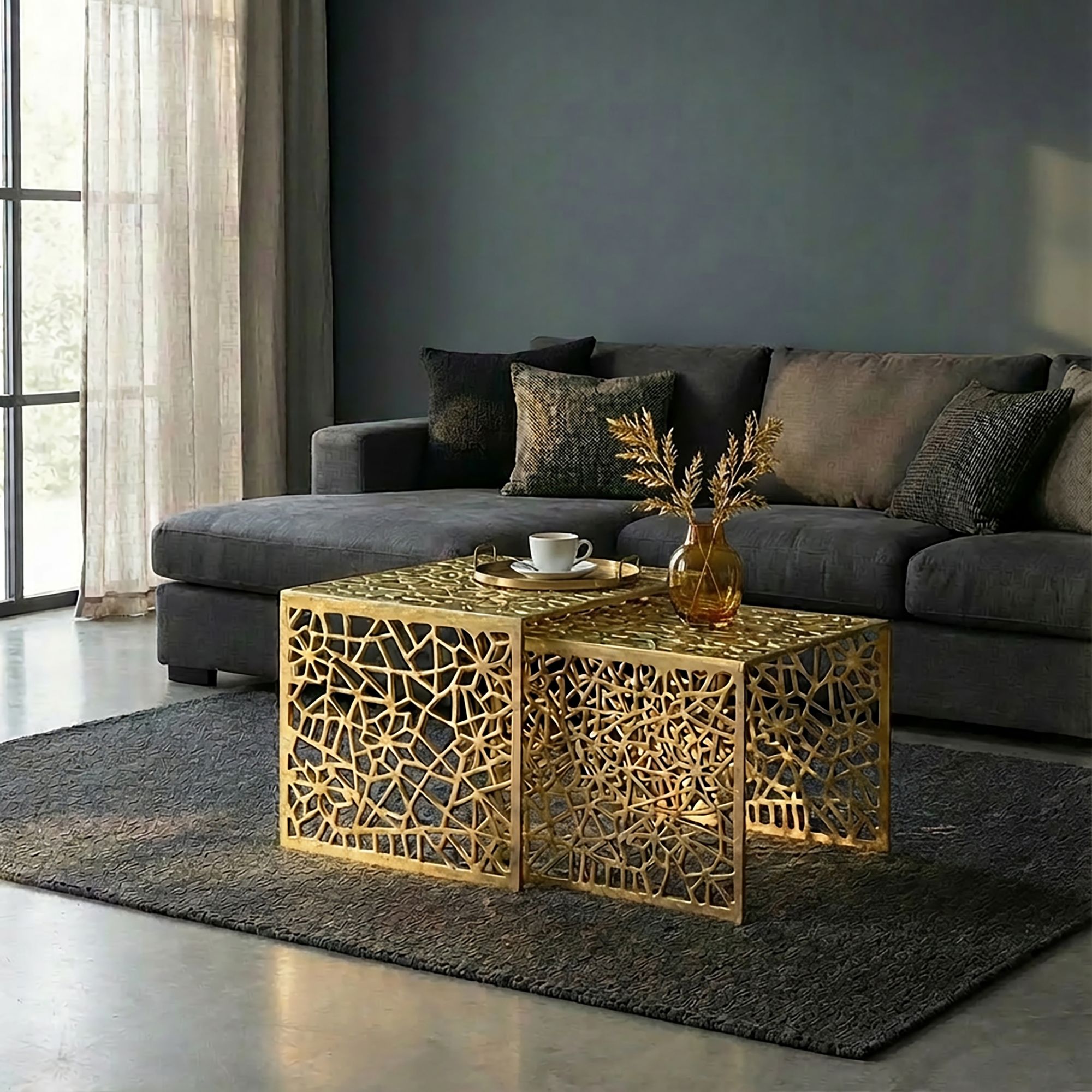 FineBuy 2er Set Couchtisch Aluminium - Design Beistelltisch Set - Metalltisch Wohnzimmertisch modern Alu - Sofatisch rechteckig Metall - Loungetisch Set Satztisch Handmade | Farbe: Gold