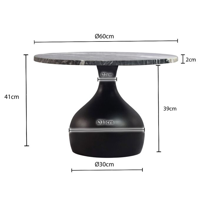 Couchtisch mit Marmor Platte schwarz Wohnzimmertisch Sofatisch Metall rund 60cm – Maßzeichnung