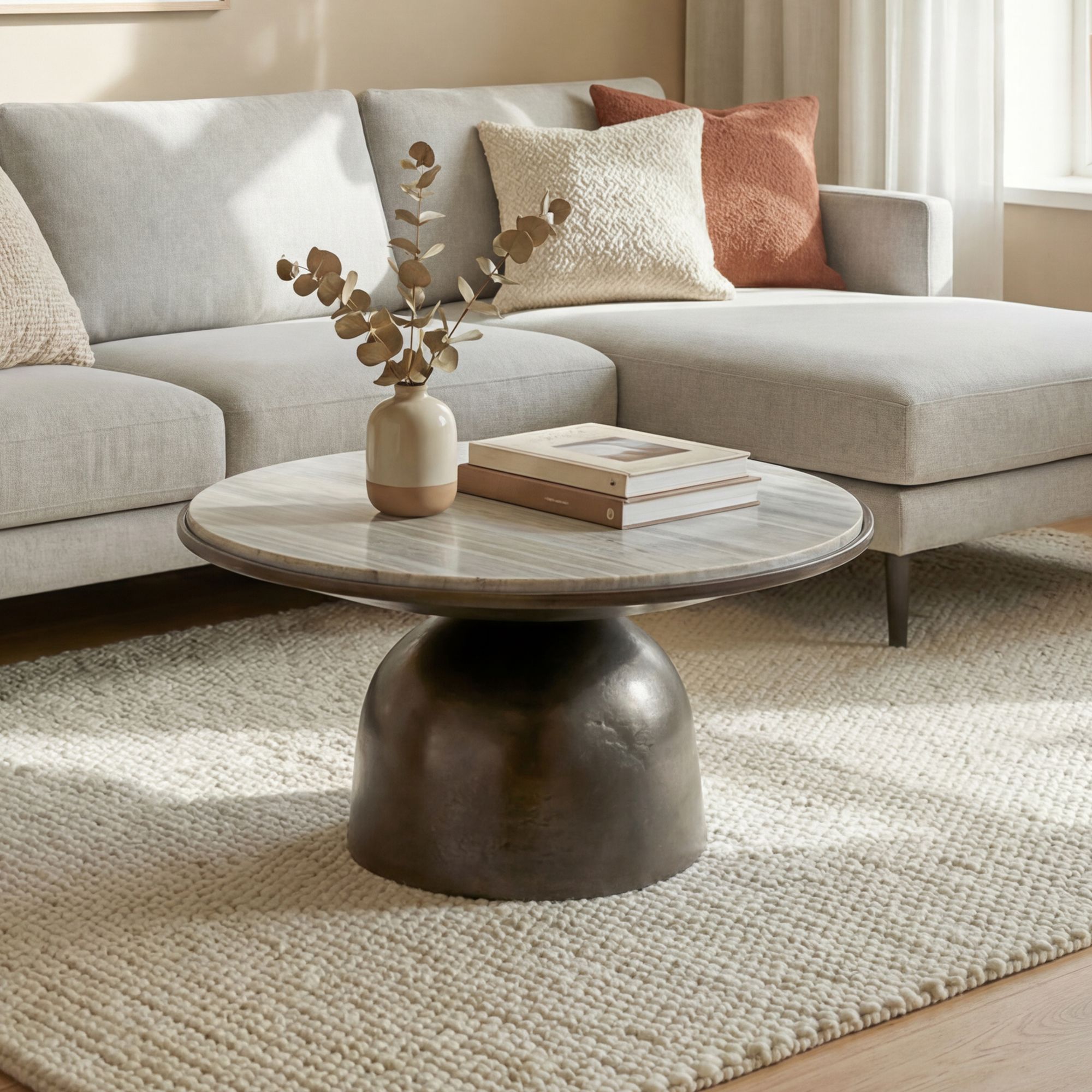 Couchtisch mit Marmor Platte weiß Wohnzimmertisch Sofatisch Metall rund 60cm – Ansicht 1