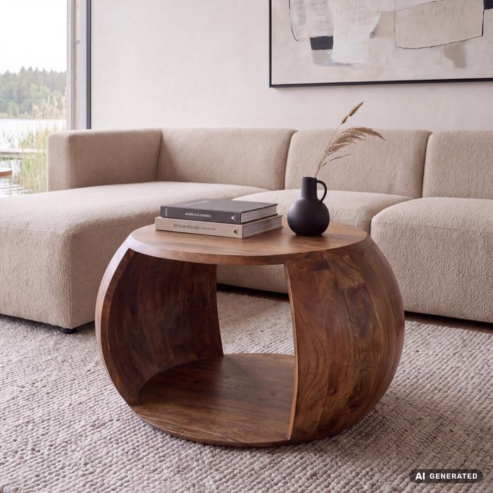 FineBuy Couchtisch Mango Massivholz rund 60 cm x 46 cm x 36 cm - Wohnzimmertisch mit Ablagefach - Handgefertigter Sofatisch aus Echtholz im natürlichen Landhaus Design