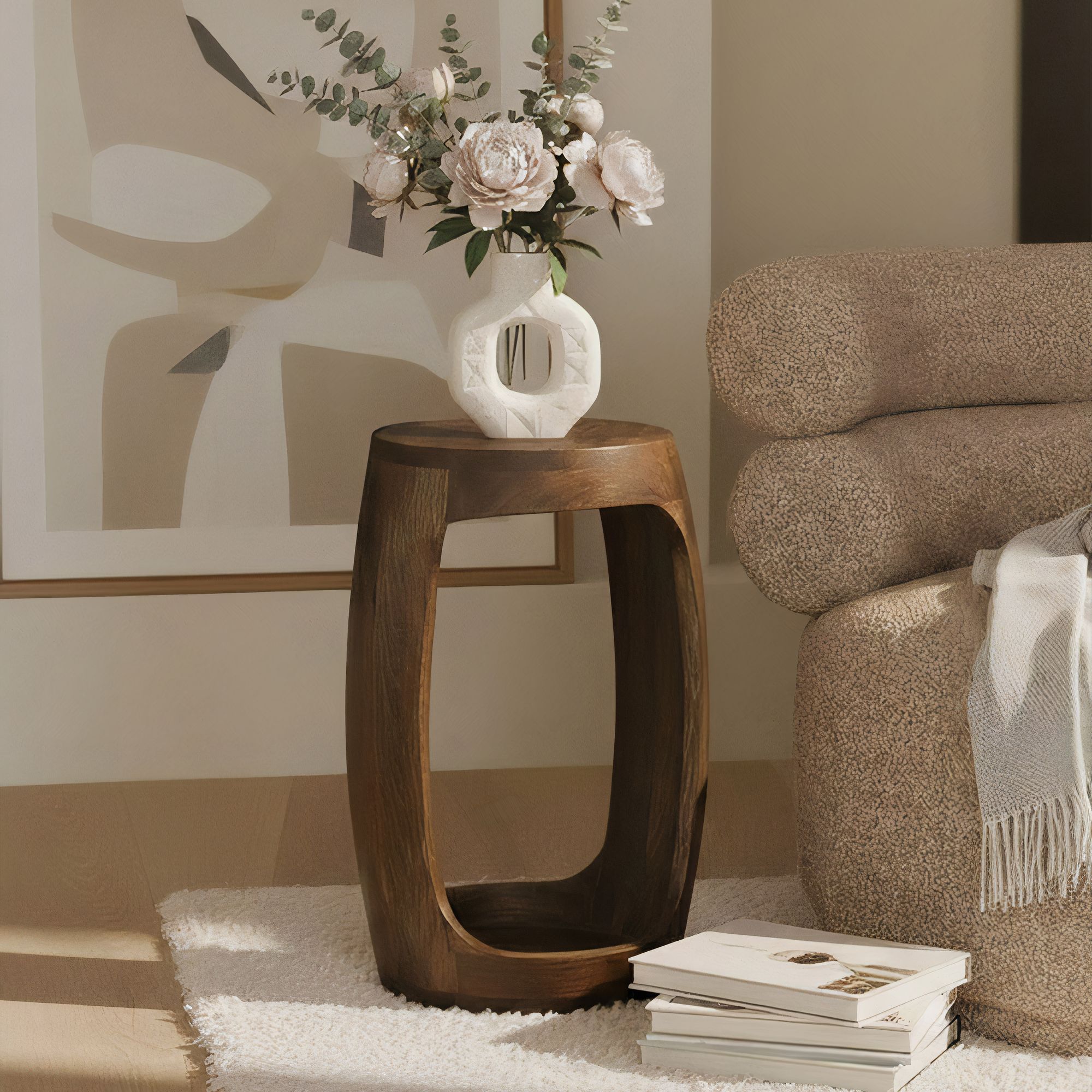 Beistelltisch Mango Massivholz rund 30cm Couchtisch mit Fach Wohnzimmertisch – Ansicht 1