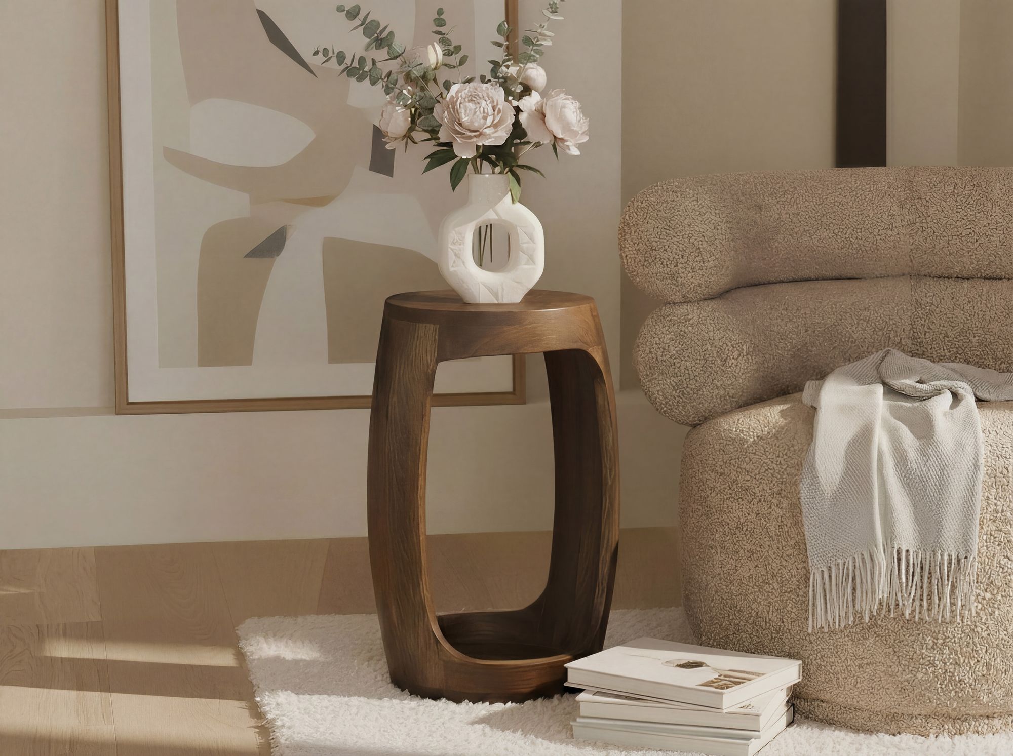 Beistelltisch Mango Massivholz rund 30cm Couchtisch mit Fach Wohnzimmertisch – Ansicht 2