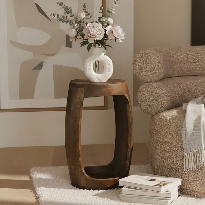 FineBuy Beistelltisch Mango Massivholz rund 30cm - Kleiner Runder Couchtisch mit offenem Fach - Handgefertigter Wohnzimmertisch im modernen Design aus Echtholz