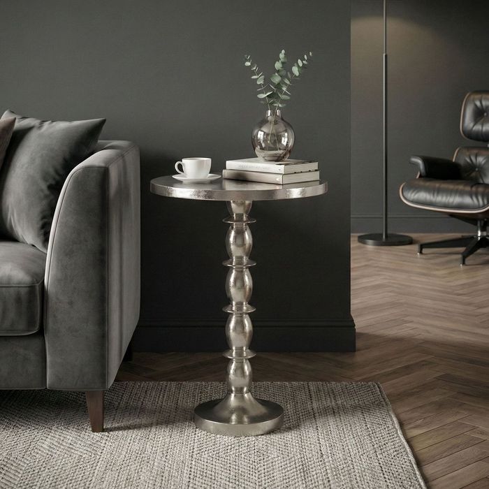 FineBuy Beistelltisch Silber 40cm Aluminium Tisch Rund - Anstelltisch Raw Finish - Design Wohnzimmertisch Dekotisch - Metalltisch Orientalisch Modern - Sofatisch Couchtisch Handmade