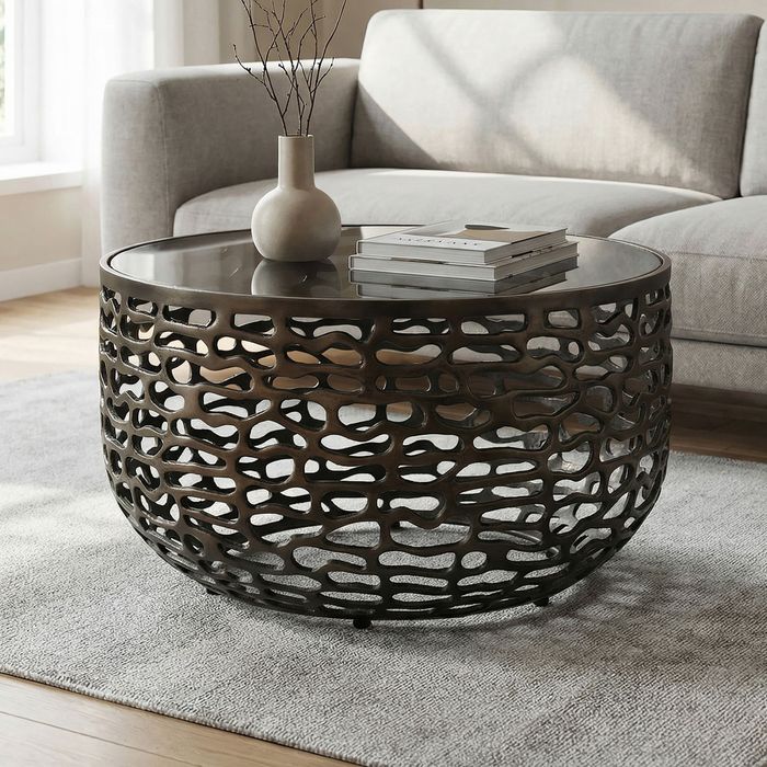 FineBuy Couchtisch Aluminium Glas 60cm Schwarz - Runder Wohnzimmertisch Metall - Design Sofatisch - Moderner Loungetisch Gitteroptik - Beistelltisch Wohnzimmer Handmade