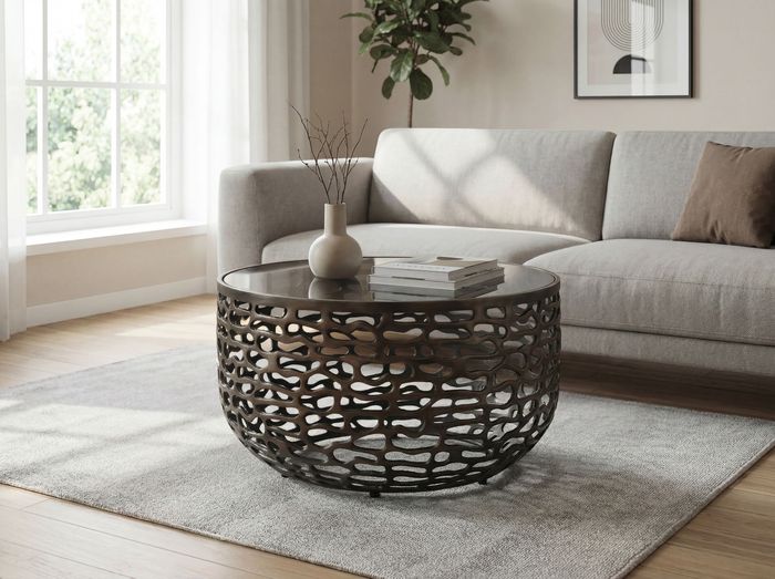 FineBuy Couchtisch Aluminium Glas 60cm Schwarz - Runder Wohnzimmertisch Metall - Design Sofatisch - Moderner Loungetisch Gitteroptik - Beistelltisch Wohnzimmer Handmade