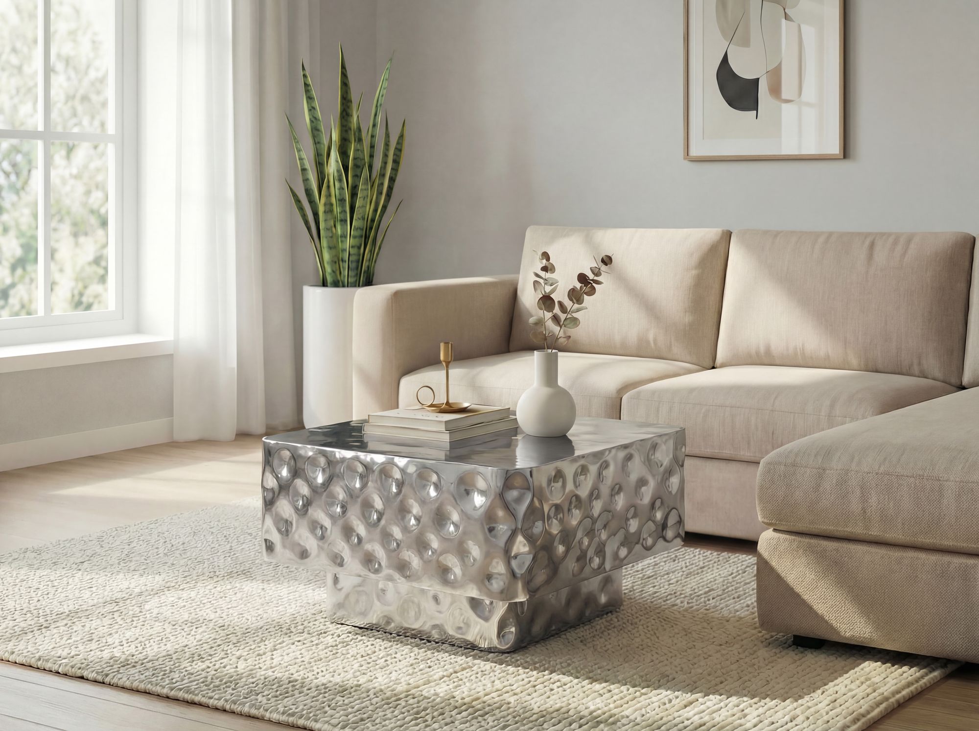 Couchtisch 60cm Sofatisch Metall Wohnzimmertisch Beistelltisch Hammerschlag Alu – Ansicht 2