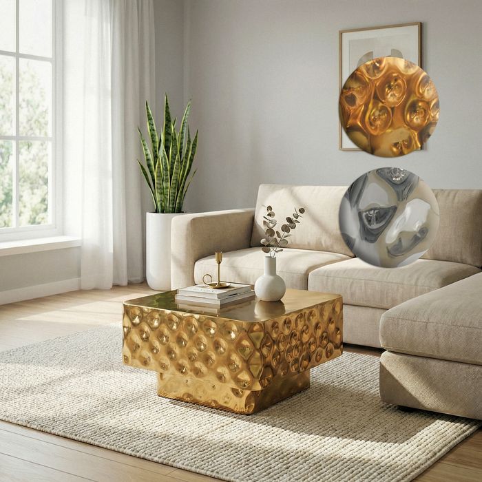 FineBuy Couchtisch Aluminium Quadratisch 60cm - Design Wohnzimmertisch Gehämmert - Moderner Loungetisch - Sofatisch Hammerschlag - Beistelltisch Wohnzimmer Handmade